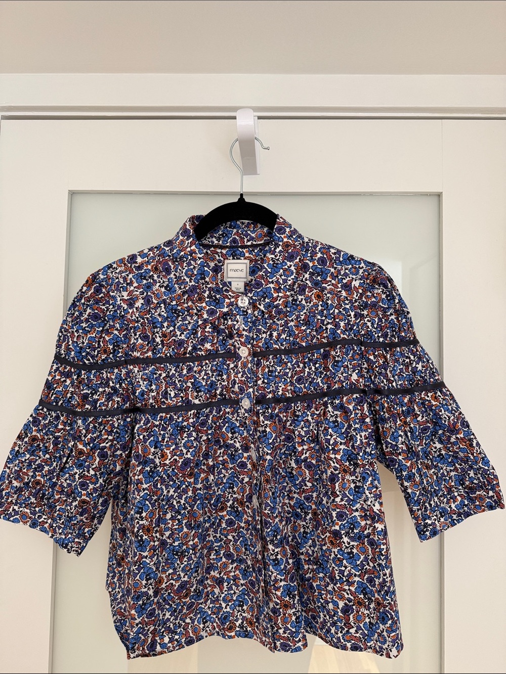 Maeve Floral Button-Front Blouse in Blue and Brown
